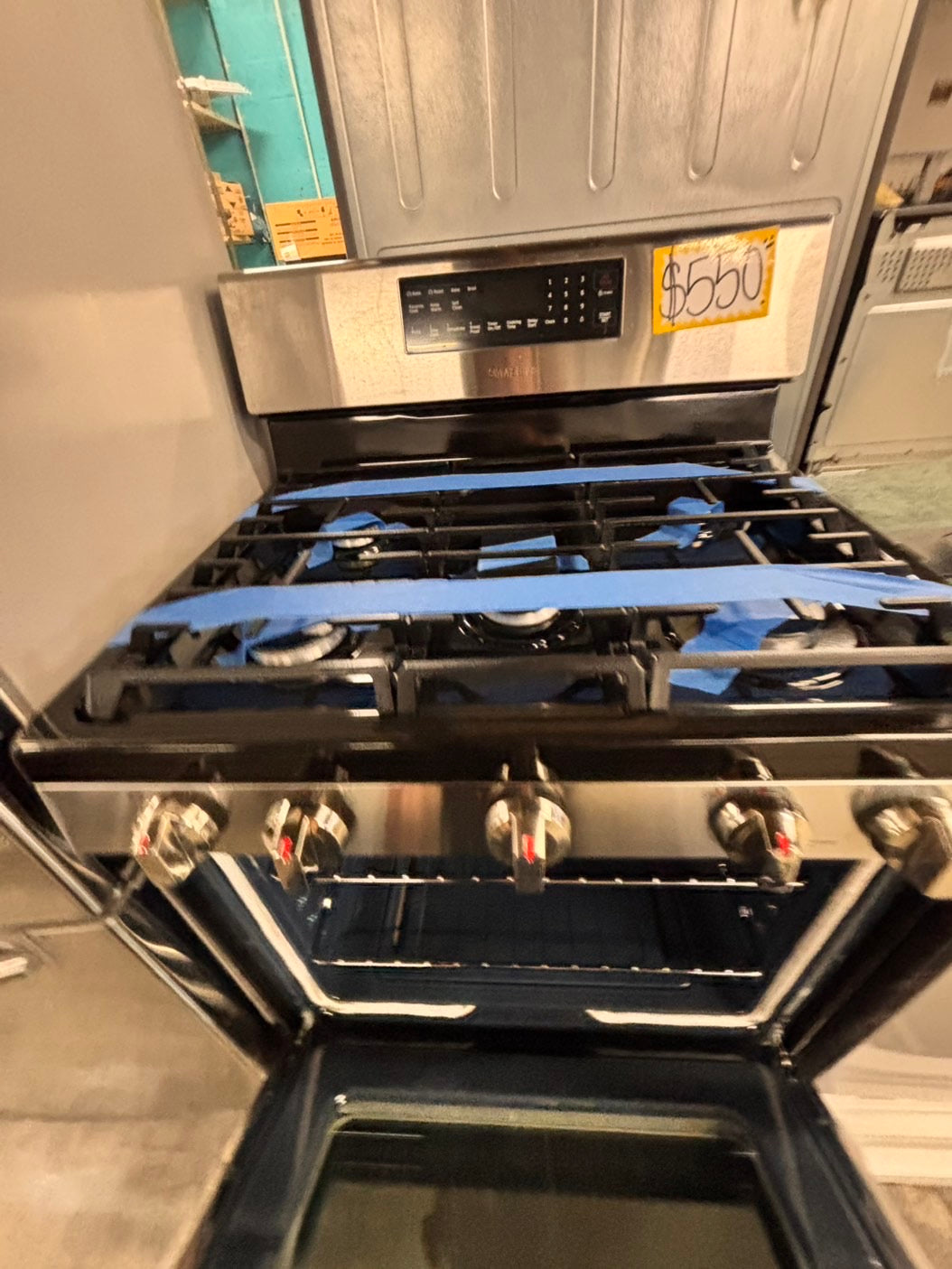 >Special 🎈4pc. Samsung Combo used refurbished -counter depth french door refrigerator Samsung 36” w/ice maker & water dispenser gas range  five burners ,new open box over the range microwave & new open   dishwasher.  #RFZ324CB