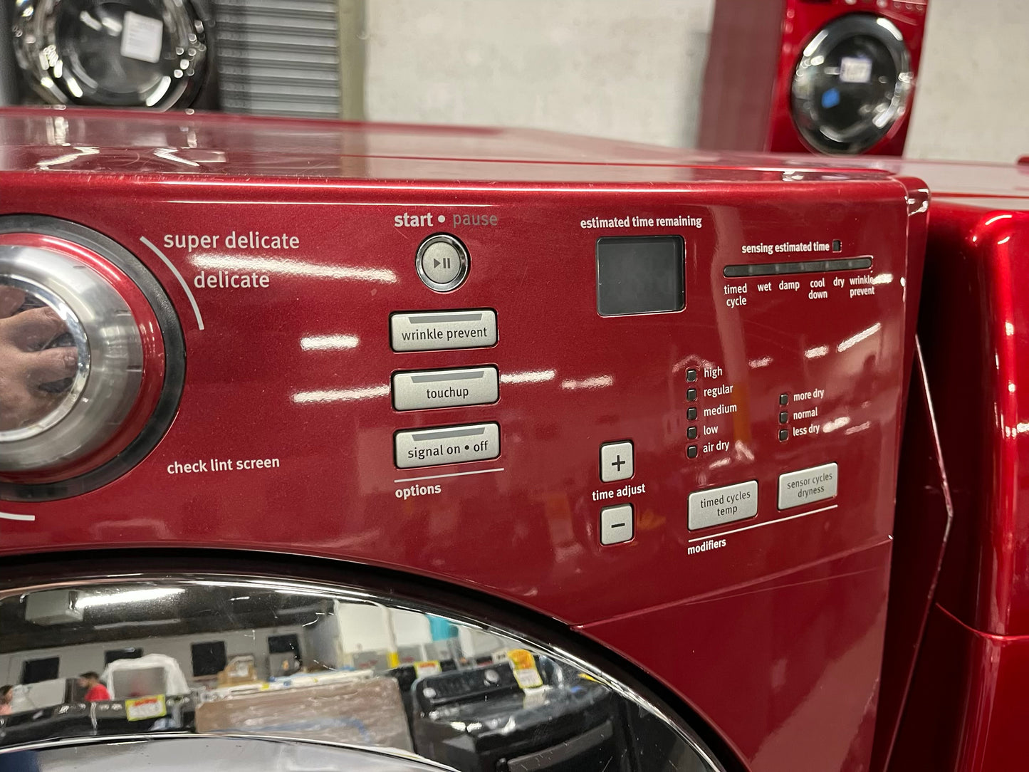 Maytag Dryer electric 220v in red front load w/pedestal extra storage stainless steel drum large capacity 27" refurbished #ED342AB