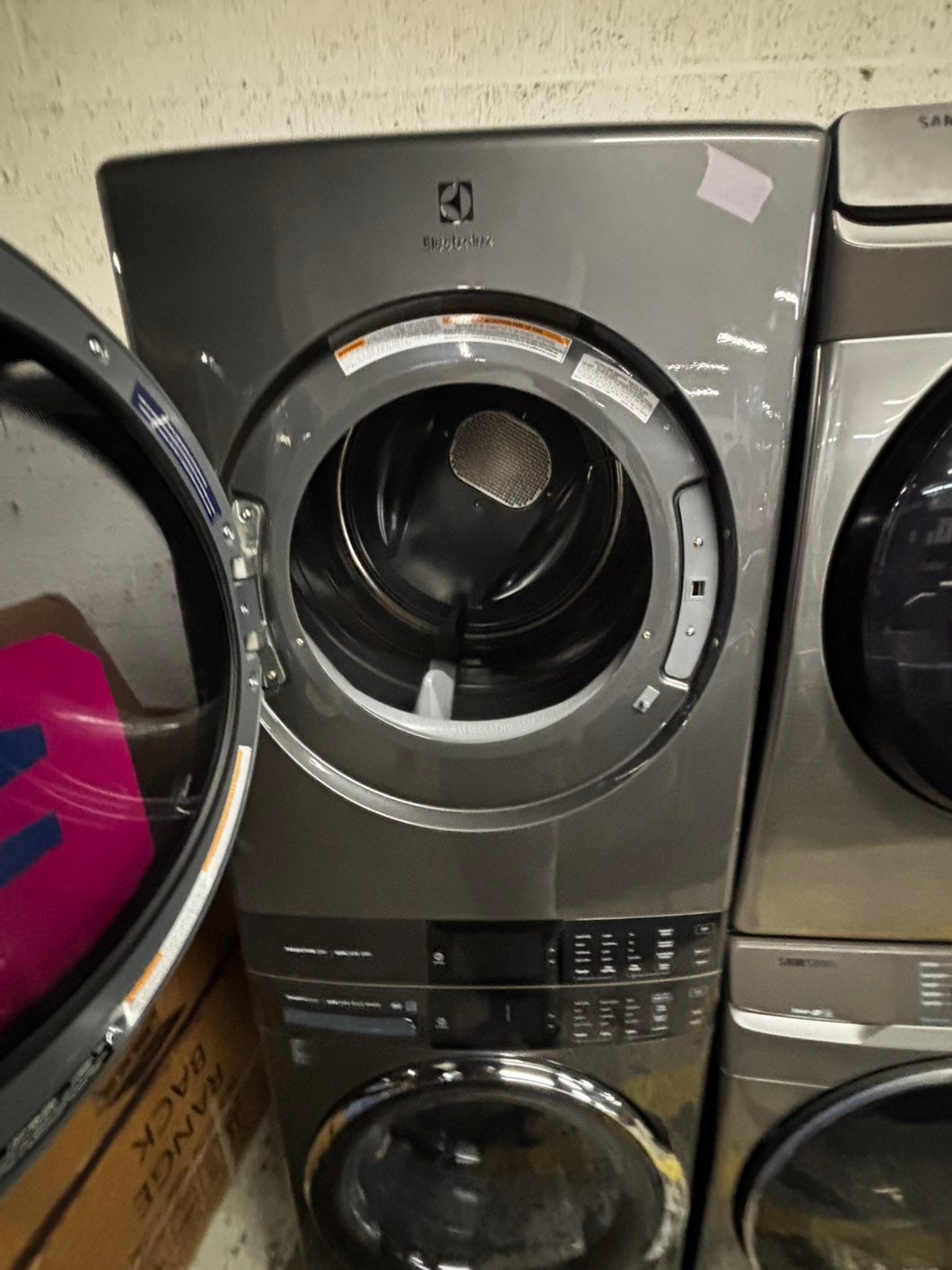 >gas Electrolux gas 27” wash-tower (washer & dryer) large capacity one unit staked  in dark gray color used refurbished #GD94G4B