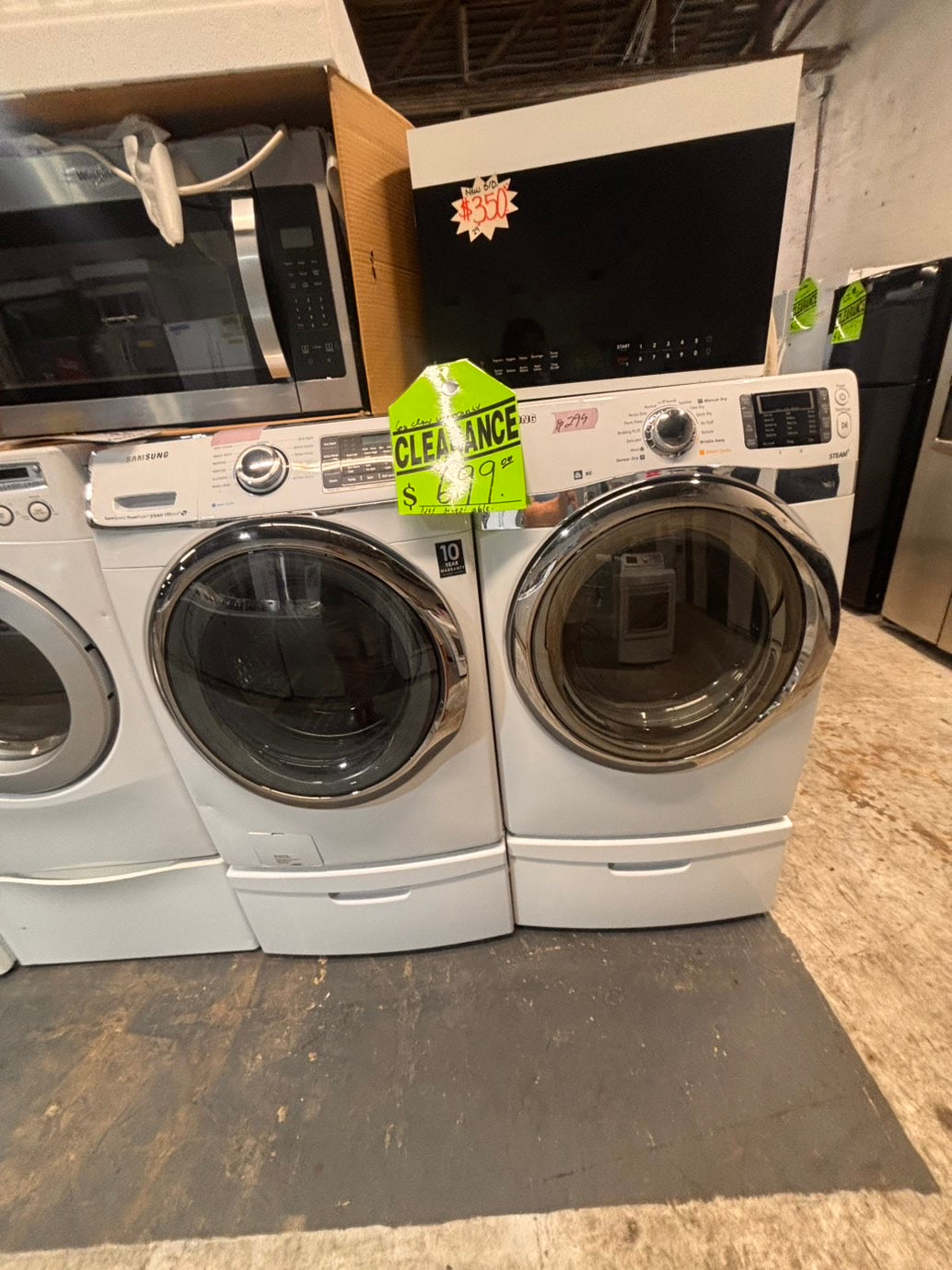 >used- refurbished Samsung mix & match front load washer & dryer set  electric 220v large  capacity with pedestals in white  color 27” #ES5AV7B