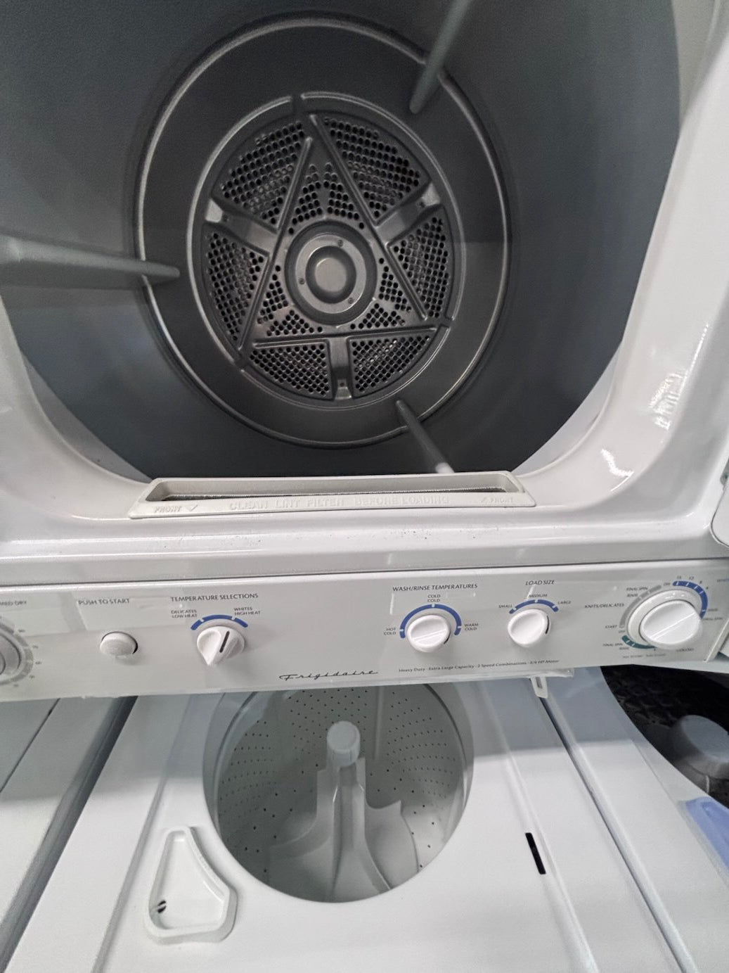 } Frigidaire used-  refurbished stacked laundry center Electric 220v washer & dryer unit in white 27" #LC27W13B