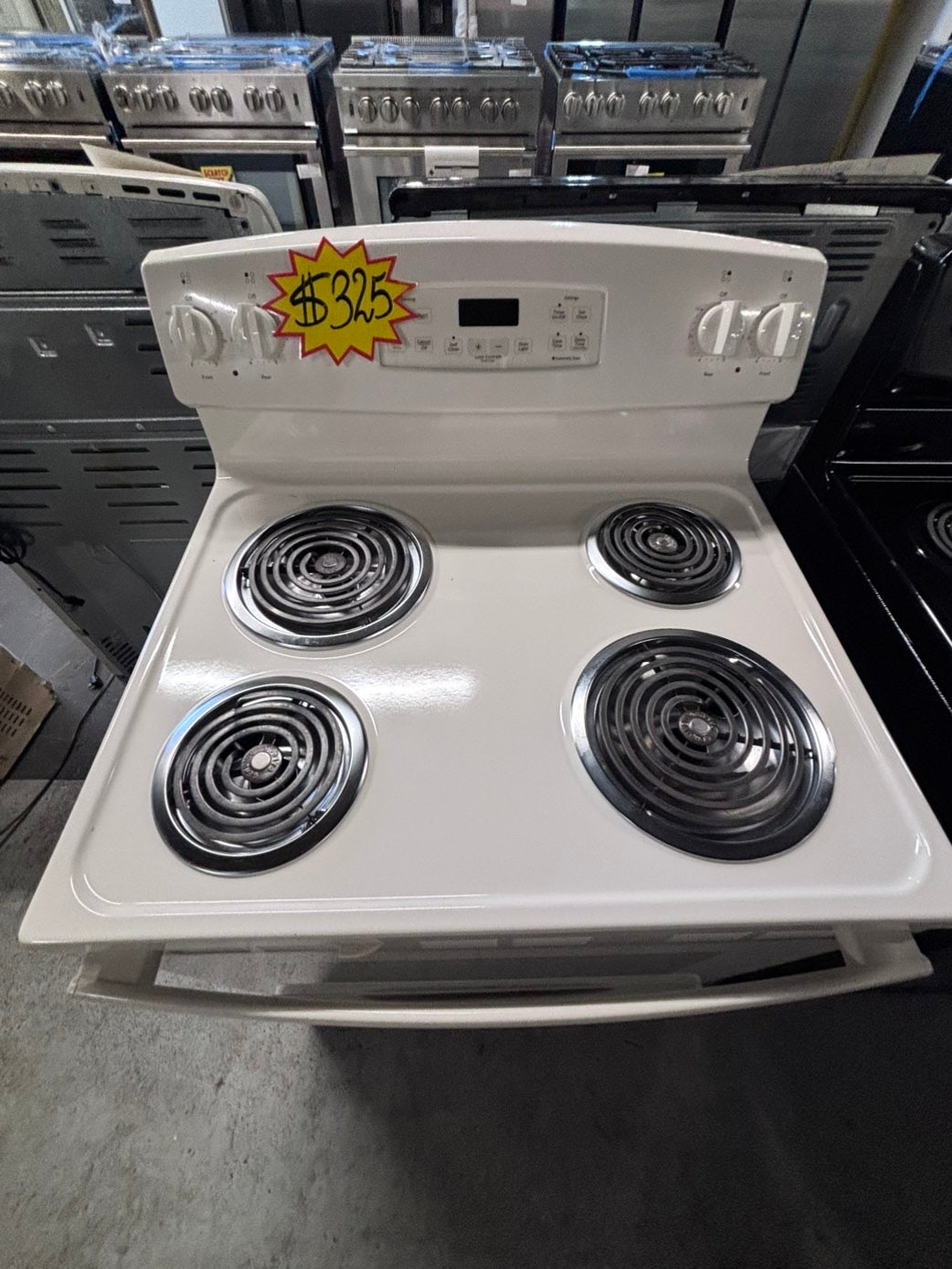 >*GE off white electric coil top range coil 220v bake /Broil 4 burner used-Refurbished  great condition 30" #EGEF95B