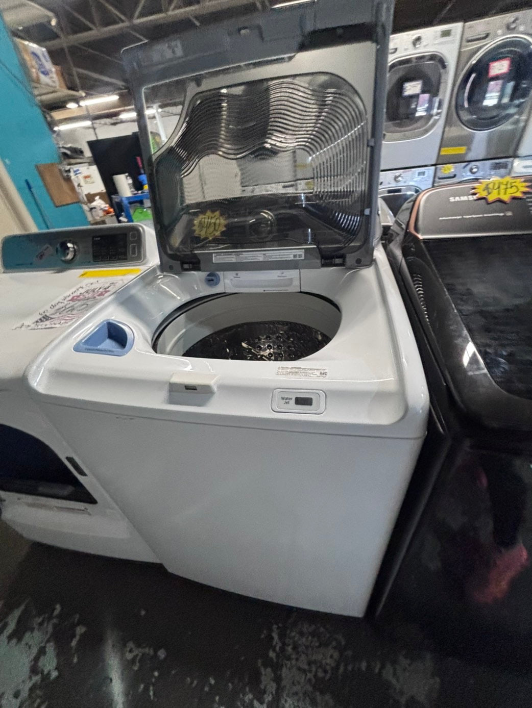 >*july 4th sale 🇺🇸samsung white  top top load washer large capacity & dryer set electric 220v side x side top load stainless steel drum white color used-refurbished #WSYH55B
