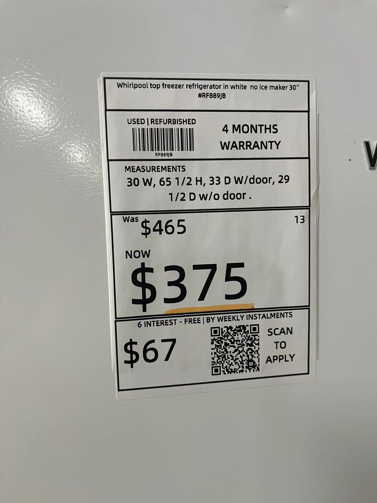 -  Whirlpool top freezer refrigerator in white no ice maker used refurbished 30" #RF889JB
