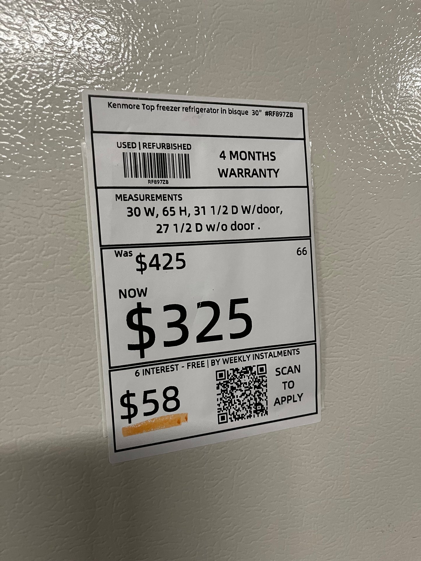 Kenmore top freezer refrigerator in off white used refurbished 33” #RF897ZB