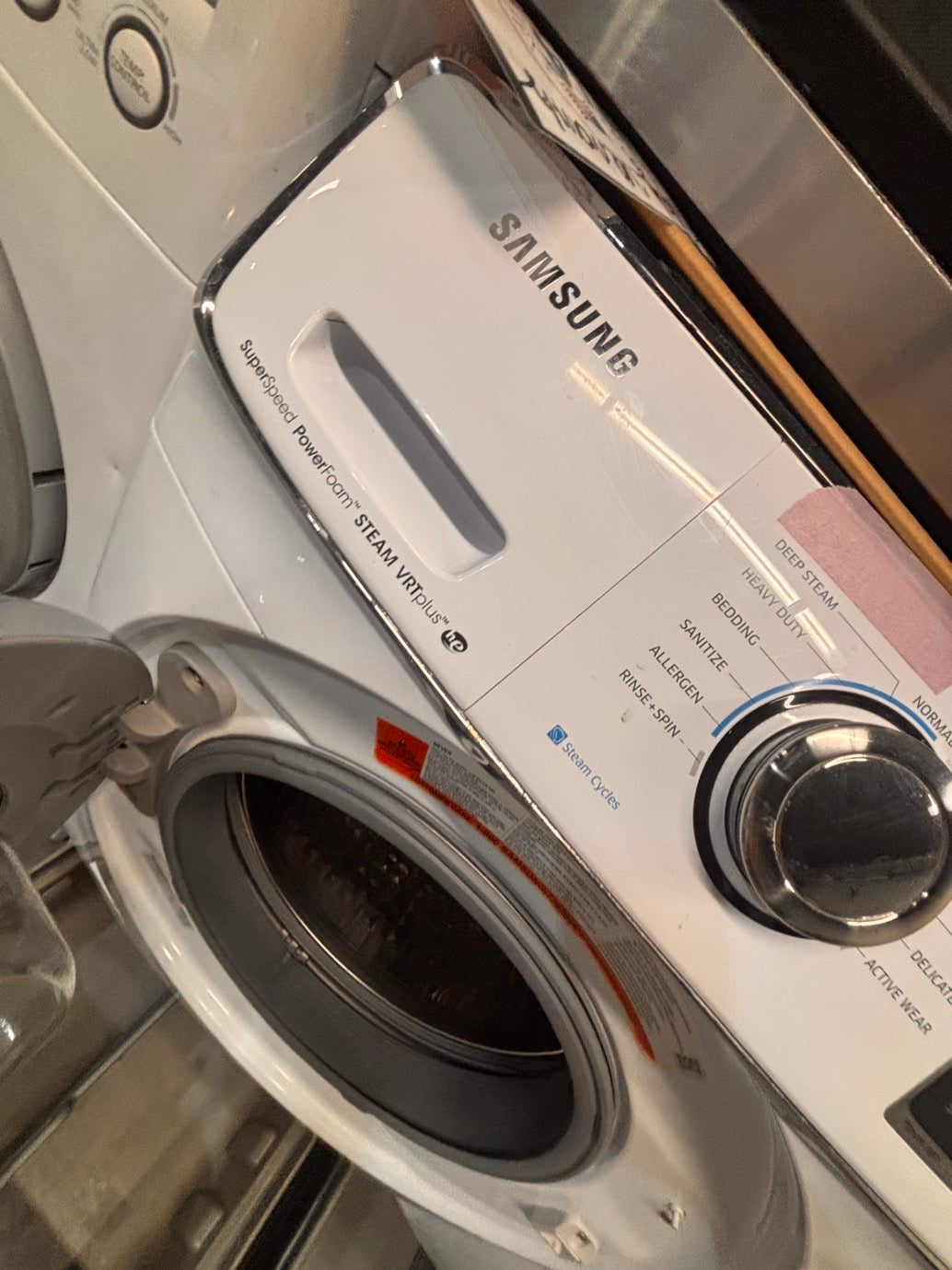 >used- refurbished Samsung mix & match front load washer & dryer set  electric 220v large  capacity with pedestals in white  color 27” #ES5AV7B
