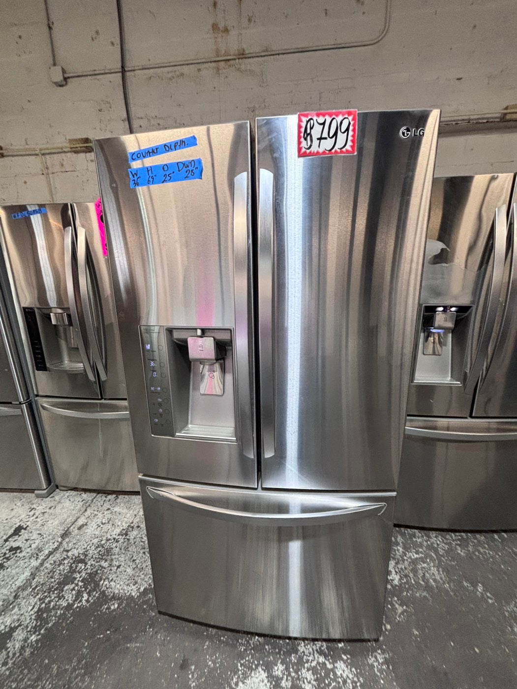 >>36” x69h 24”depth LG  French door Refrigerator counter depth stainless steel w/ ice water dispenser great condition 36" used-refurbished #KVVS24B