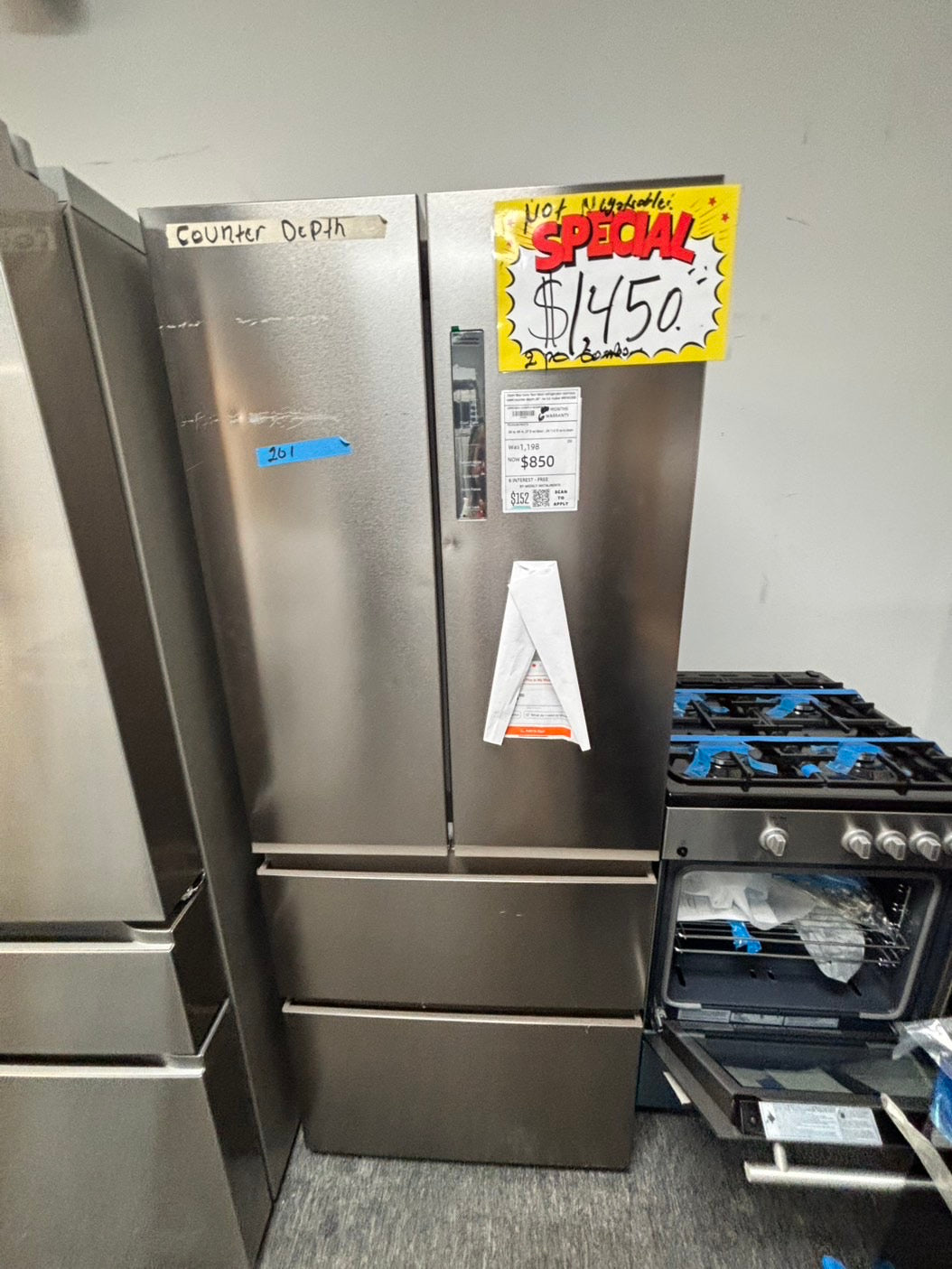 >Open Box 📦 Scratch & Dent 2pc. Combo stove 24” Bloomberg & fridge Haier four door refrigerator stainless steel counter depth 28" no ice maker #RF492KB2PC.