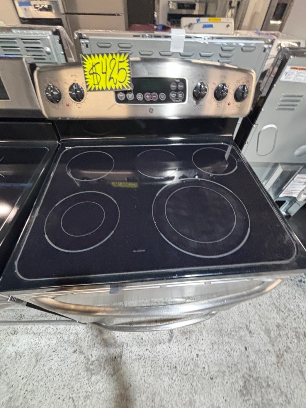 >*GE  electric 220v glass top range 4 burner  bake Broil roast self clean stainless steel 30" Refurbished #EZ77S3B