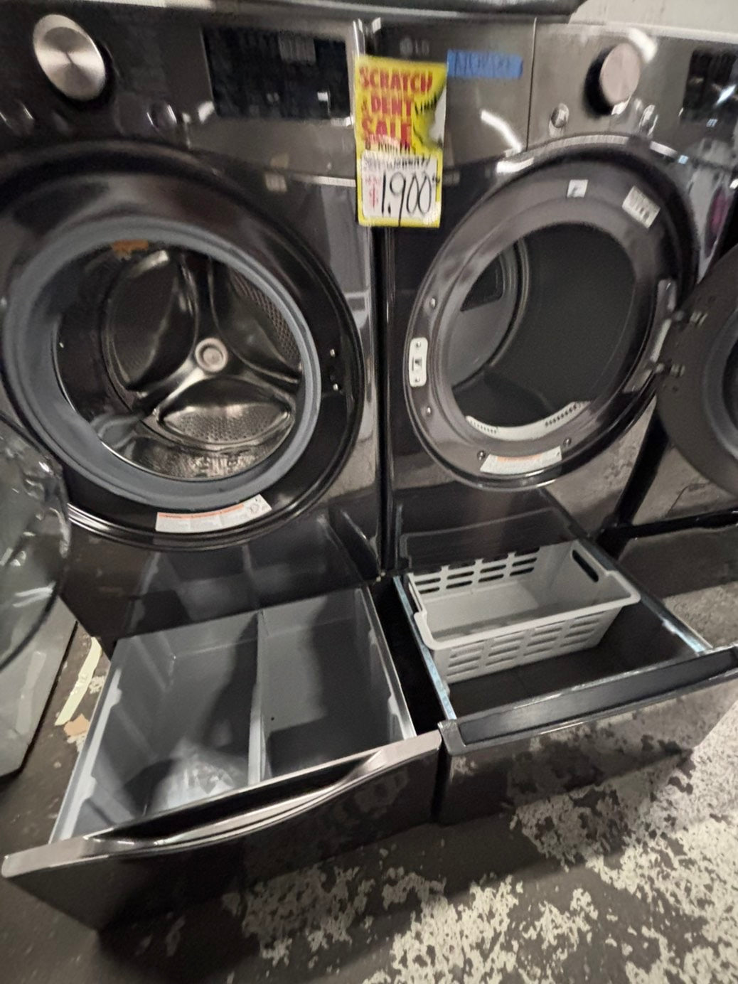 >>New open box 📦 LG steam  front load washer & dryer electric set with pedestal storage 27” #WD74007B