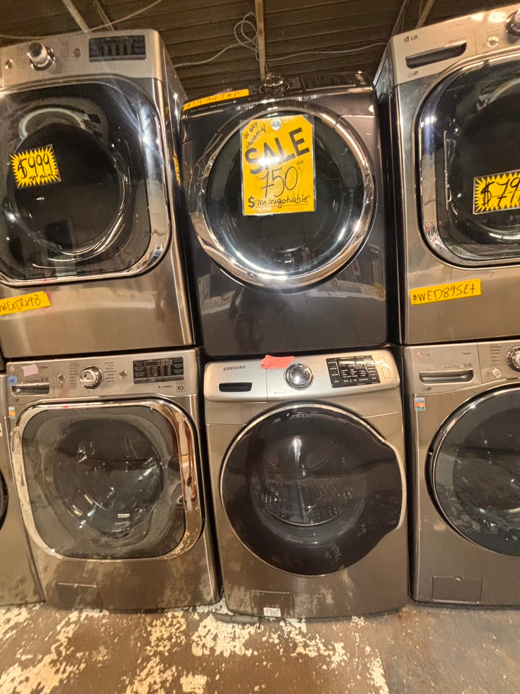 >*Mix & match Samsung dark gray  washer & gas dryer set front load stackable or side by side  27” in used Gas  -Refurbished #SGN14WB