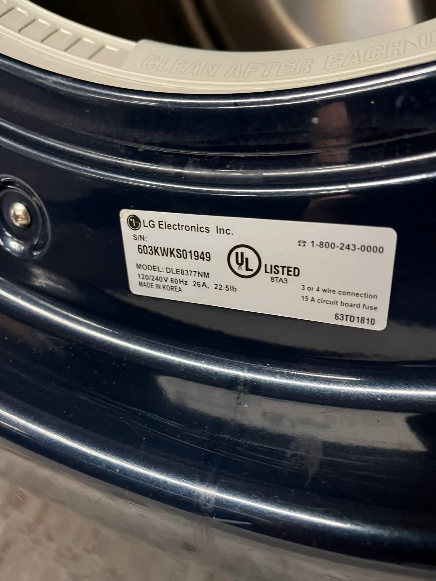 LG Dryer electric 220v in navy blue front load w/pedestal extra storage stainless steel drum large capacity 27" refurbished #ED345ZB