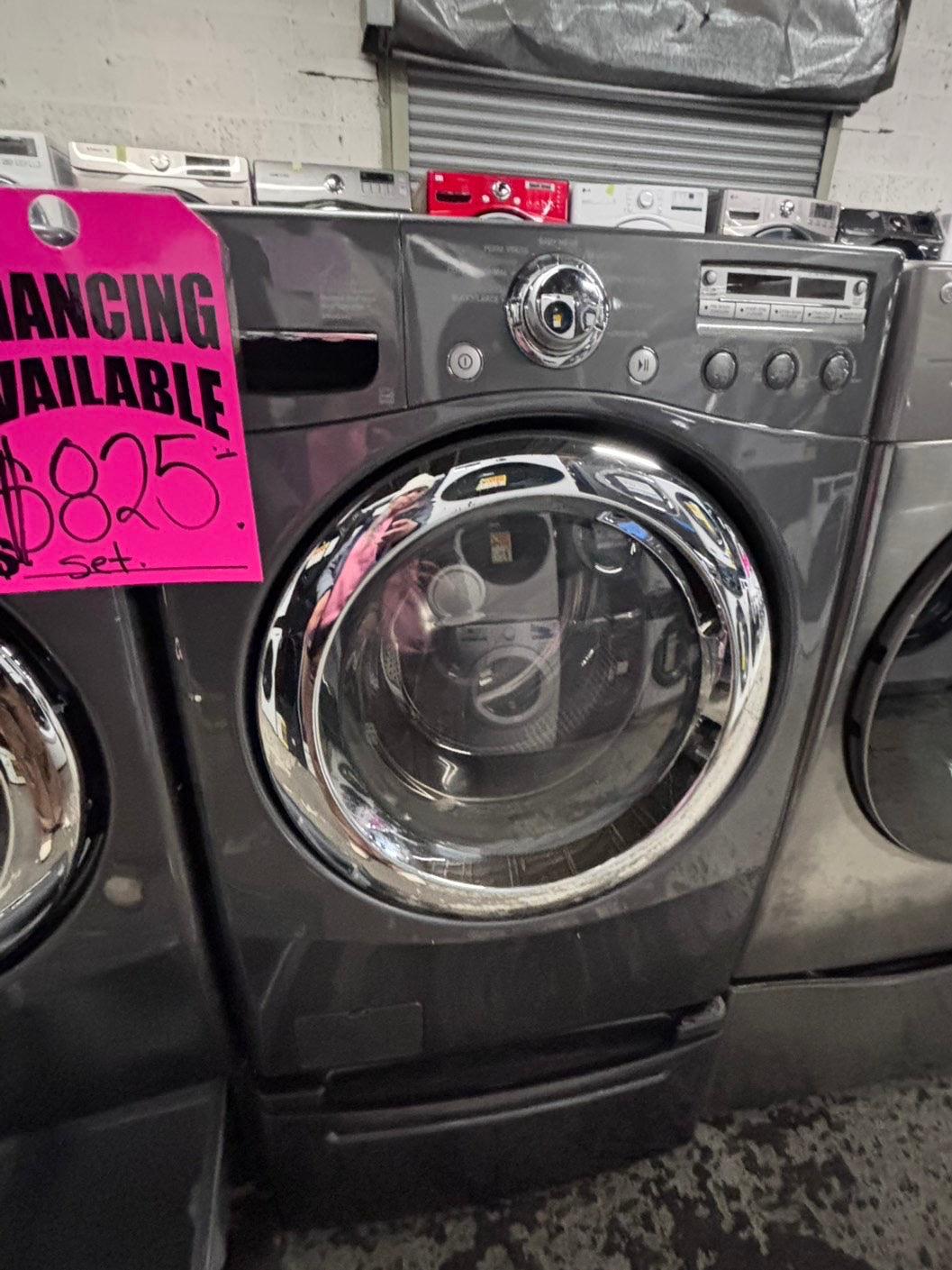 >used- refurbished LG front load washer & dryer set electric 220v large capacity with pedestals in gray stainless steel 27” #ELPV65B