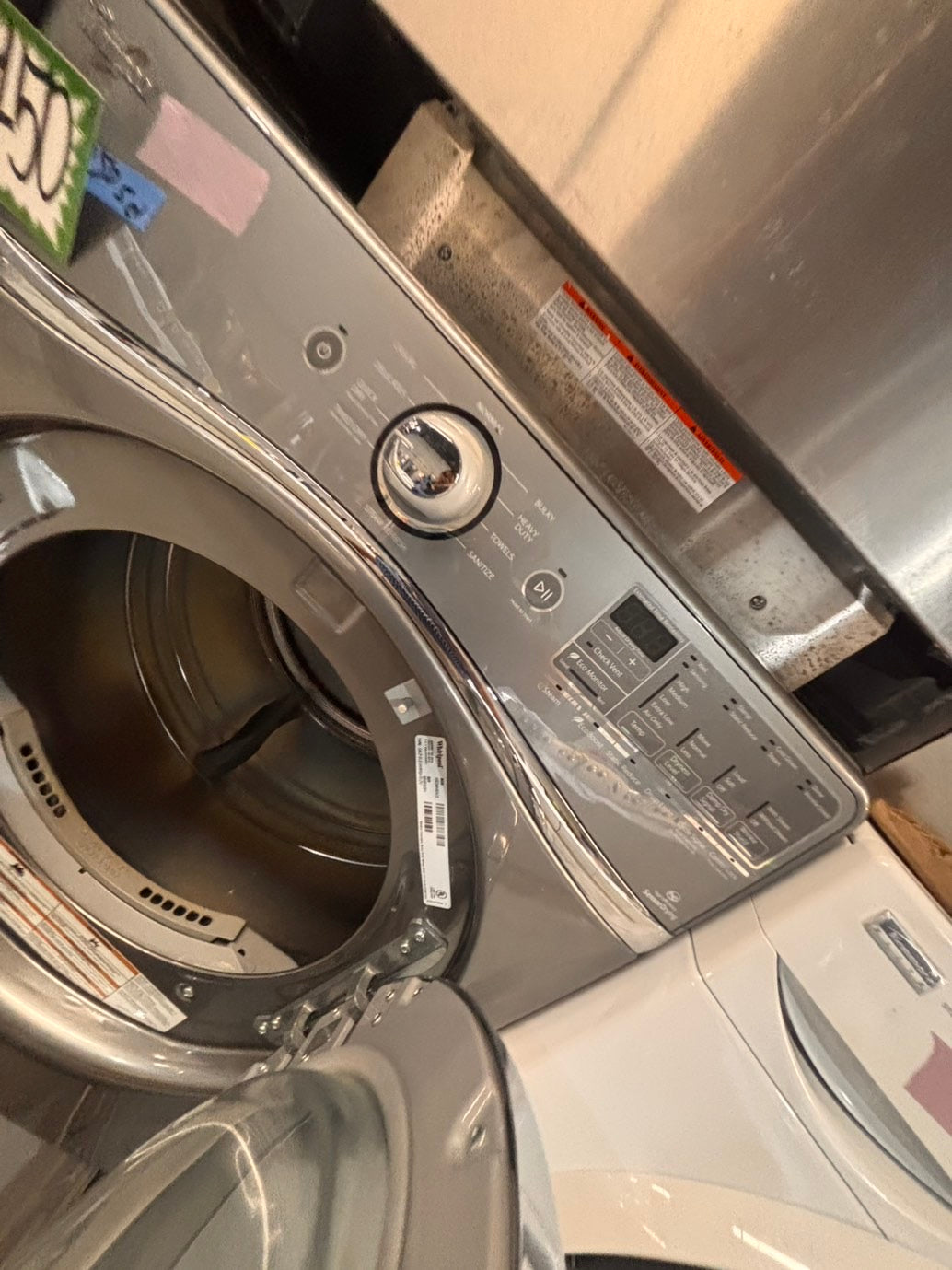>*SALE🔥used- refurbished whirlpool front load electric 220v dryer & washer large  capacity with pedestals in silver color 27” #WSS8KV7B