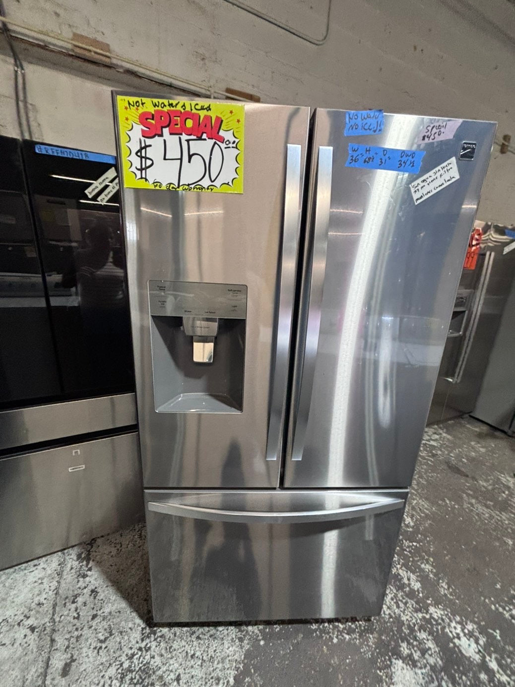 >*special🔥36”kenmore  French doors  fridge  stainless steel (ice maker  doesn’t work) only water 💦 dispenser works !doesn’t affect on the others functions. 36” #KE24WWB