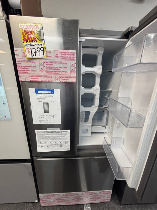 > Samsung 25 cu. ft. 33” Standard Depth 3-Door French Door Smart Refrigerator in Stainless Steel with Beverage Center and Dual Ice #RF66TBK