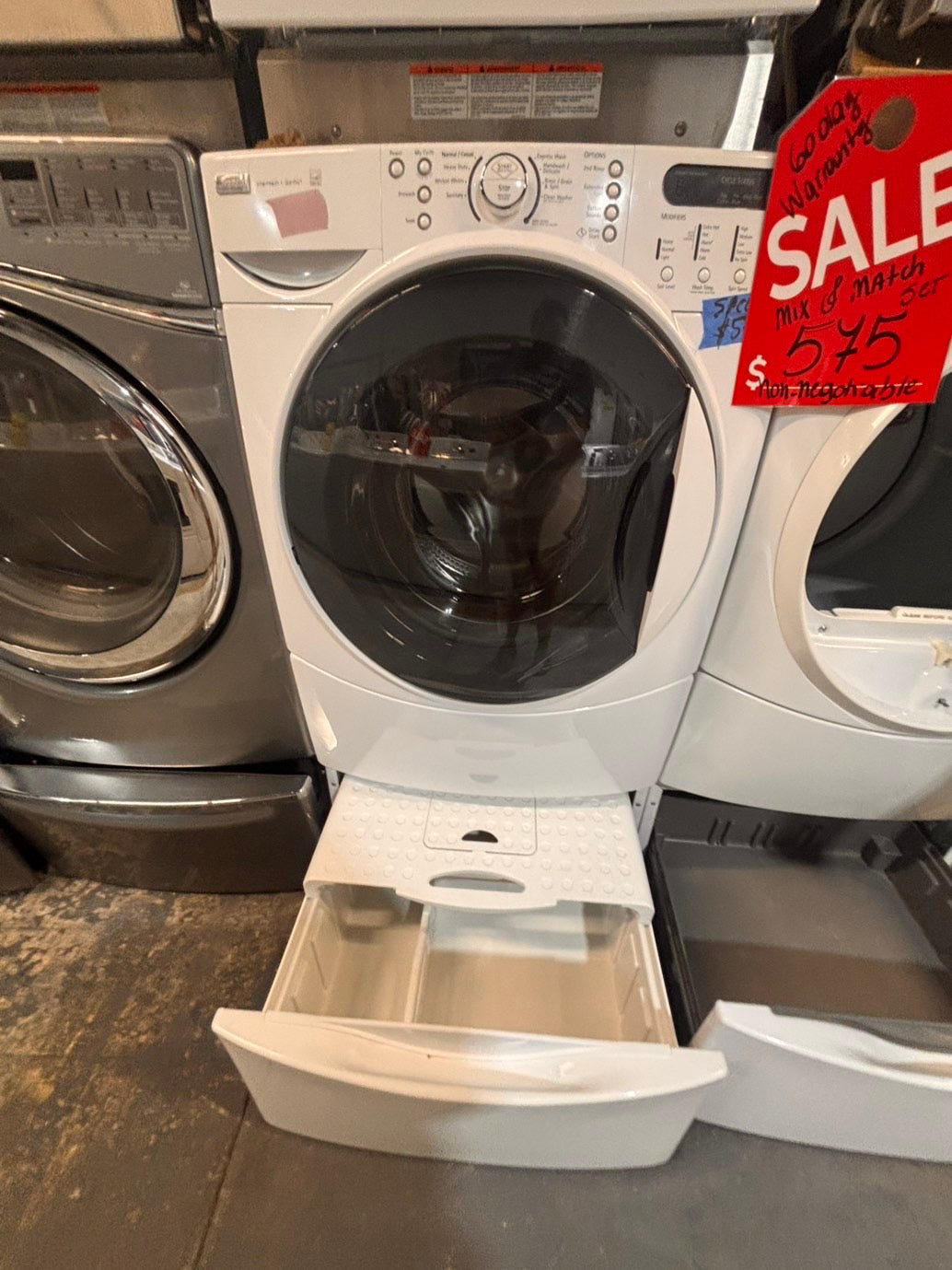 >*SALE🔥used- refurbished Kenmore washer & whirlpool dryer mix & match front load electric 220v large  capacity with pedestals in white  color 27” #ES8KV7B