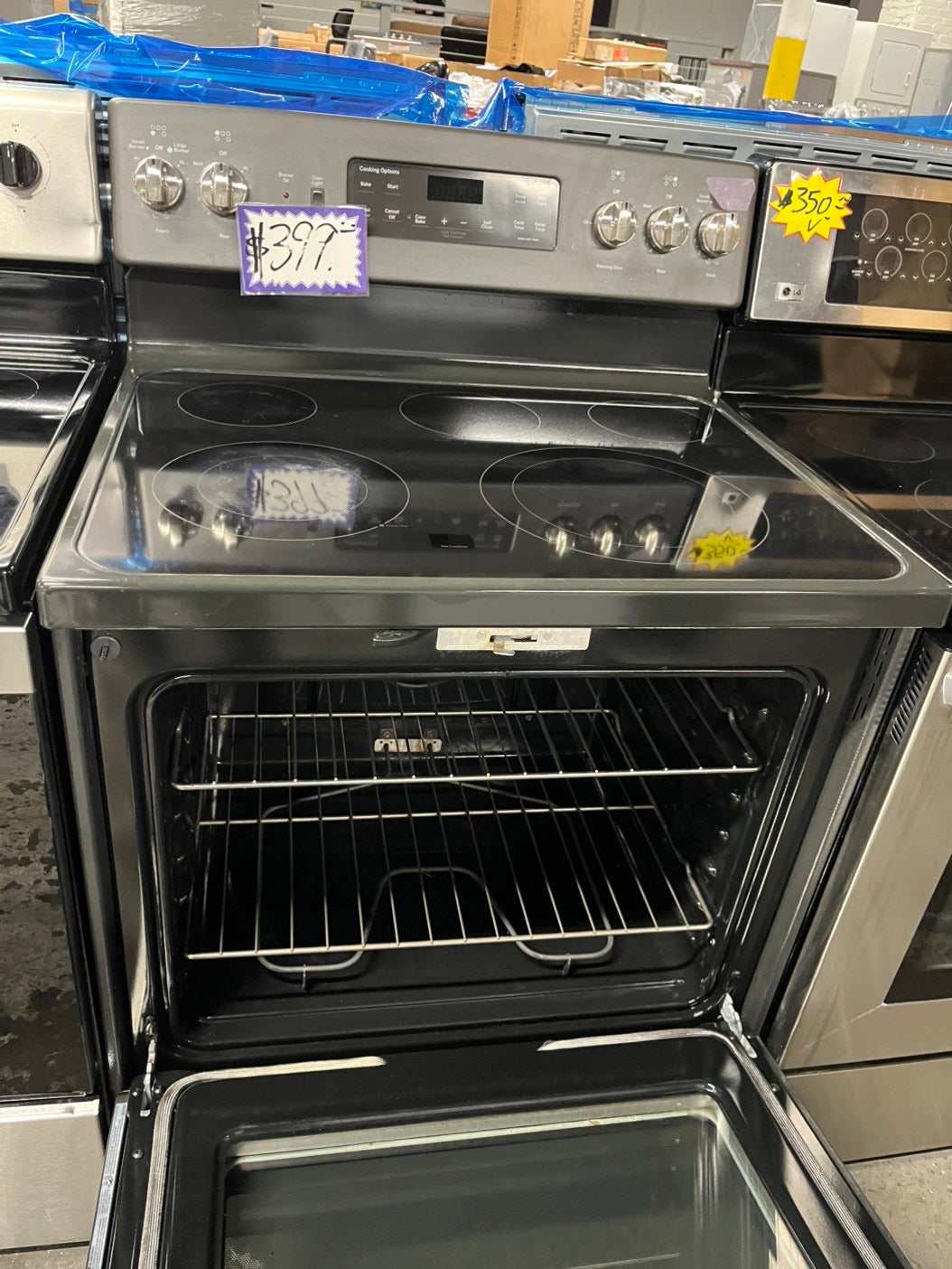 -GE glass top electric range 220V  5  burner warm zone convection bake broil power boil self clean Refurbished Slate 30" #ERS89B