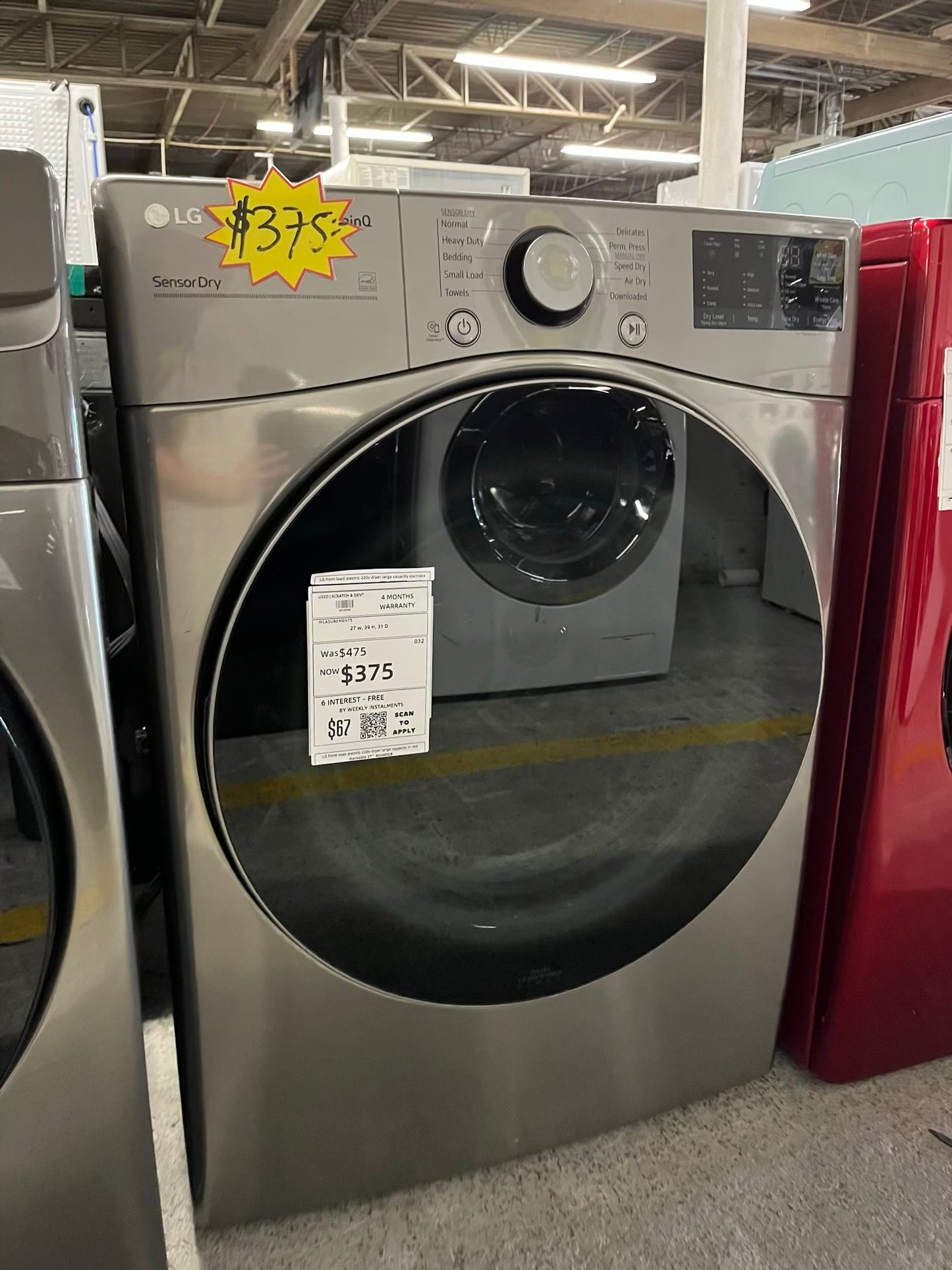 LG  front load stackable electric 220v dryer stainless steel  27" #ED399SB