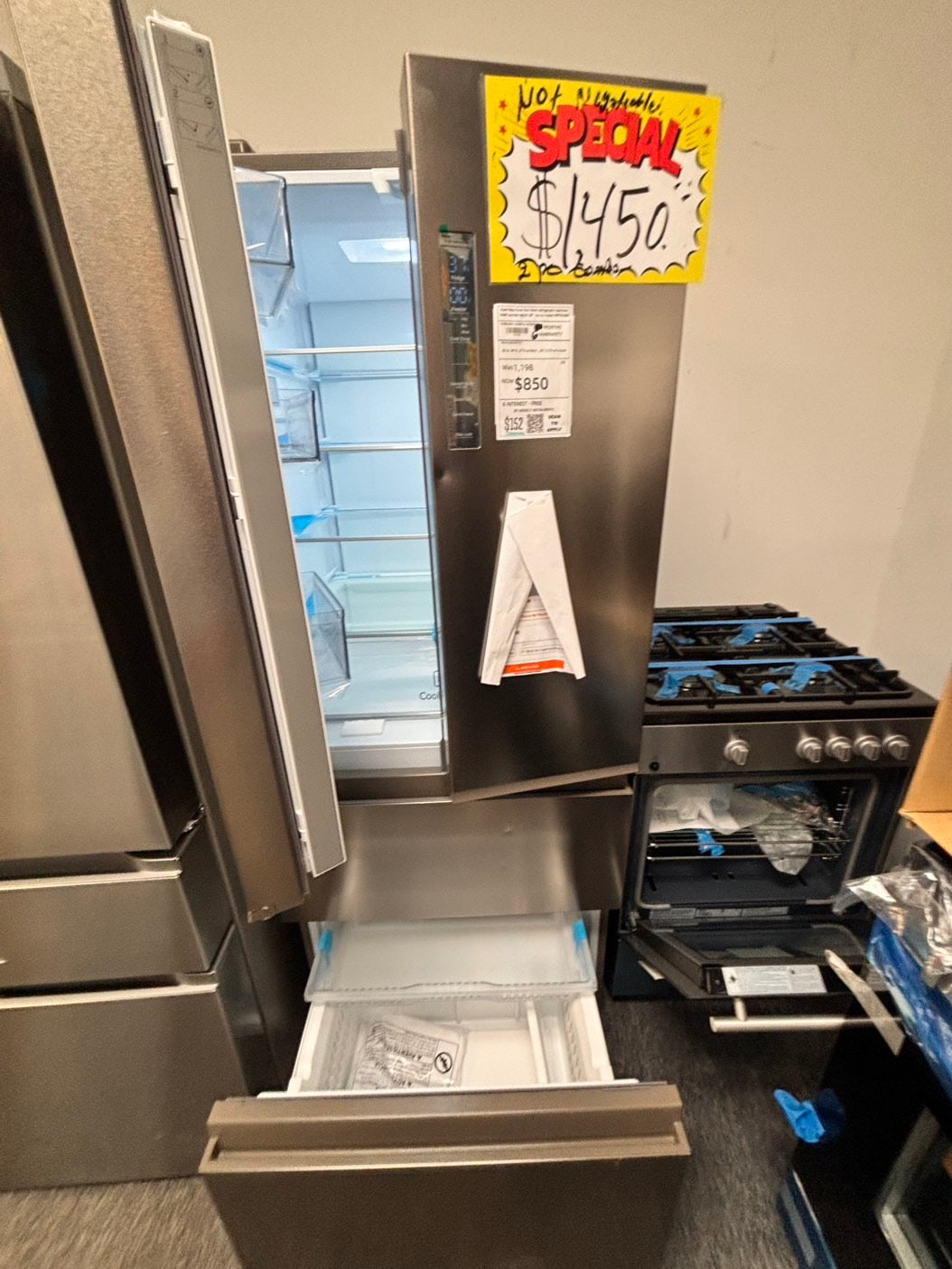 >Open Box 📦 Scratch & Dent 2pc. Combo stove 24” Bloomberg & fridge Haier four door refrigerator stainless steel counter depth 28" no ice maker #RF492KB2PC.