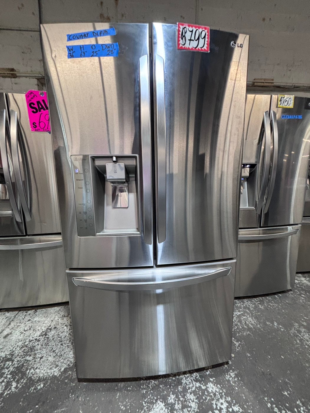 >>36” x69h 24”depth LG  French door Refrigerator counter depth stainless steel w/ ice water dispenser great condition 36" used-refurbished #KVVS24B
