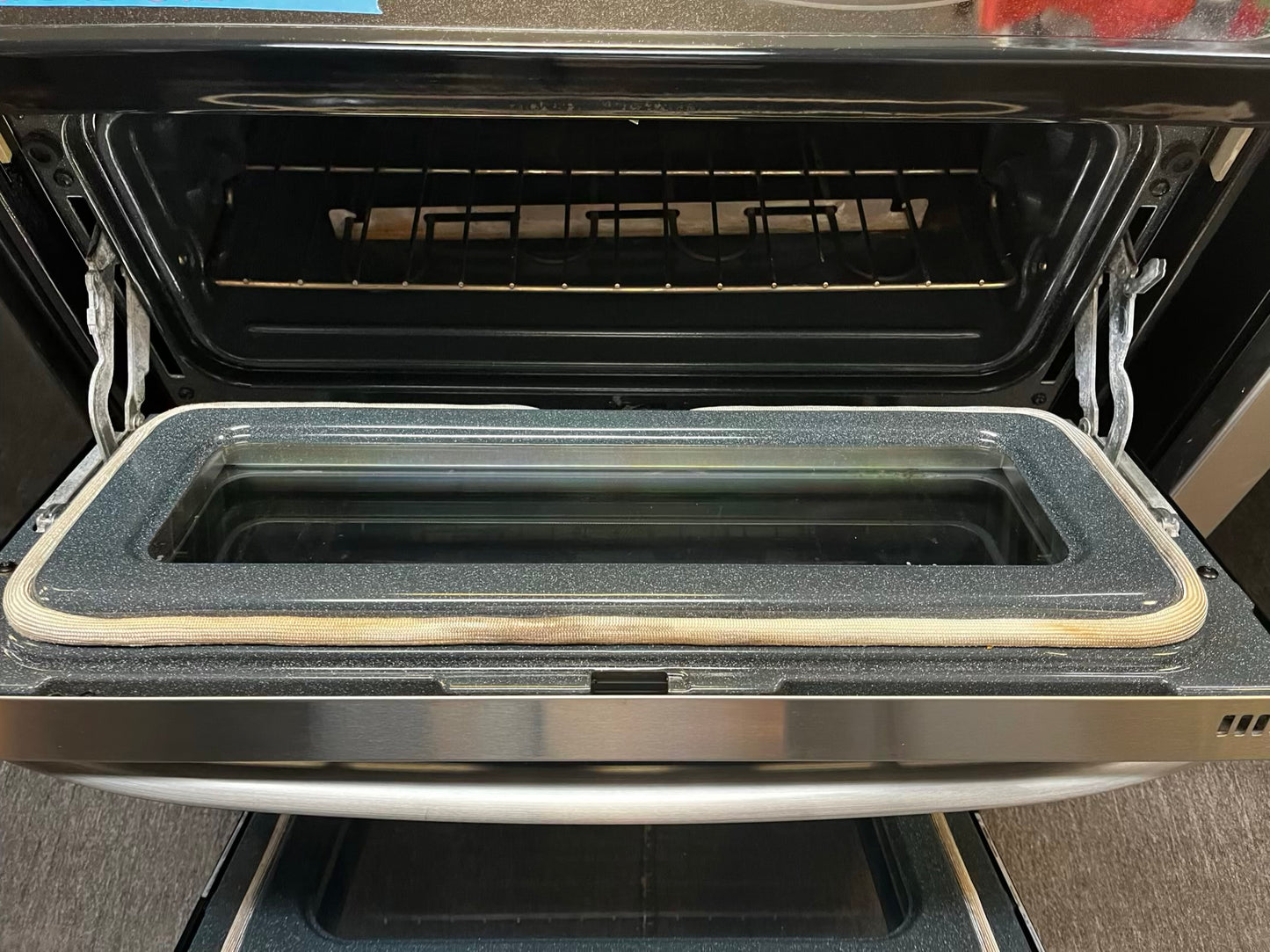 GE electric 220v glass top double oven range 5 burner Refurbished bake Broil self clean stainless steel 30" #ER1034L