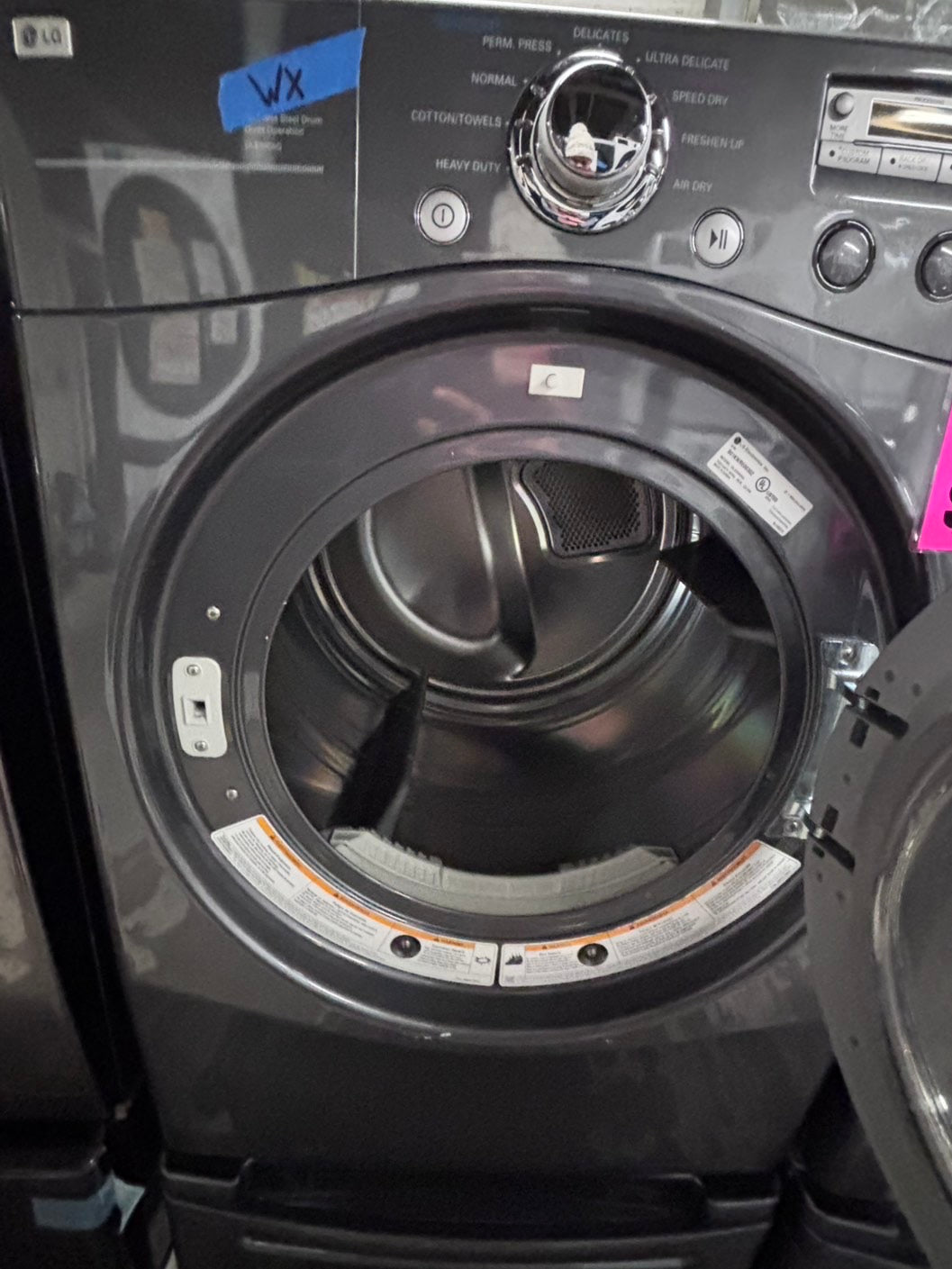 >used- refurbished LG front load washer & dryer set electric 220v large capacity with pedestals in gray stainless steel 27” #ELPV65B