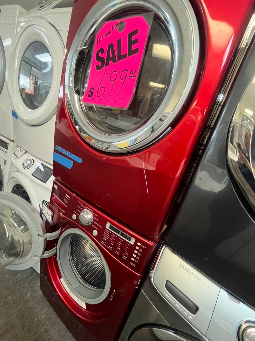 >LG washer 4.0cu ft & dryer 7.5 steam set electric 220v front load stackable or side by side - sensor dry in red  #FLWR23SETL