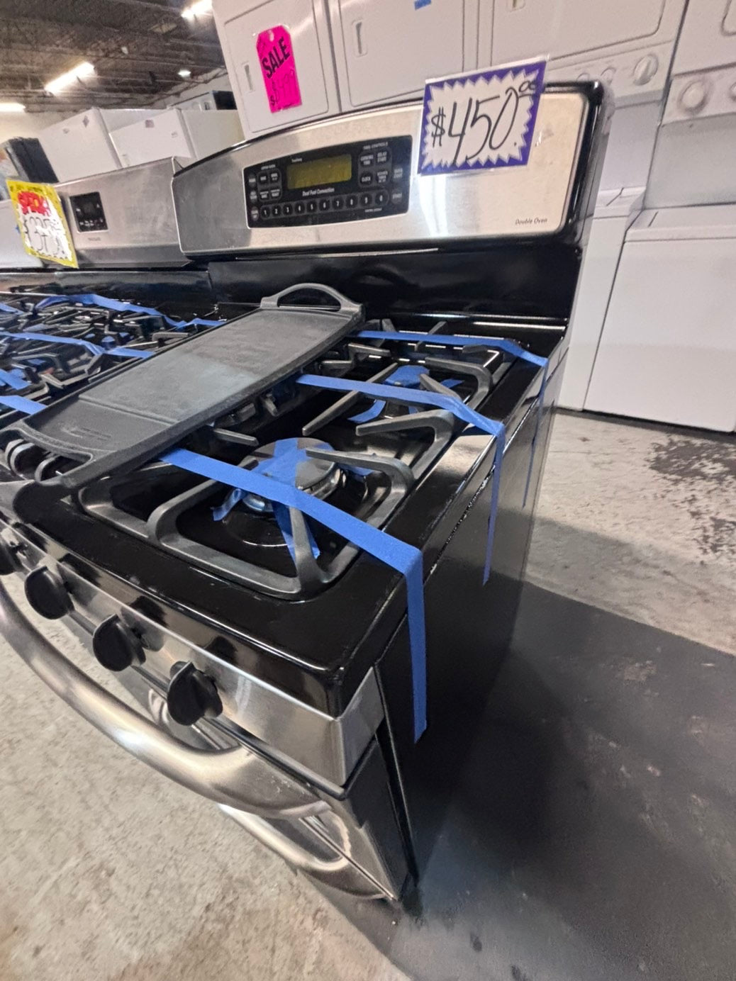 >>GE FUEL DUAL 220Vts Gas range 5 burner convection oven bake ,broil Hi/Lo self clean in stainless steel used-Refurbished 30” #SG11YSB