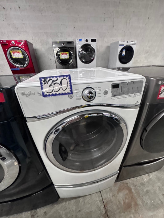 >whirlpool Dryer electric 220v in white front load w/pedestal extra storage stainless steel drum large capacity 27" refurbished #EDZB45B