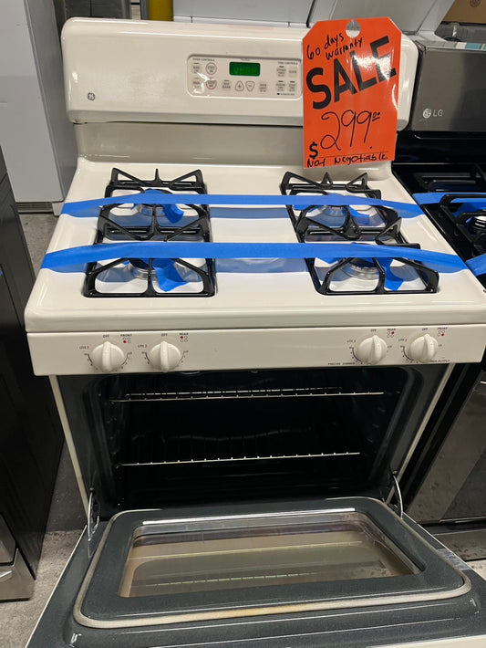 GE Gas range 4 burner bake Temp Recall broil hi/lo in off white Refurbished 30" #GRR00B
