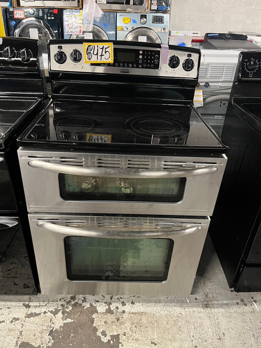 -Used Kenmore glass top electric range 220v 5 burner warm zone Refurbished stainless steel bake Broil self clean 30"  Double oven #ELD12B