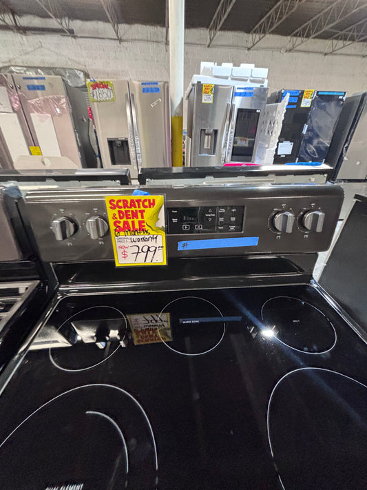 >>new open box New whirlpool electric glass top range ,bake /broil  black stainless steel #ERZZ3VB