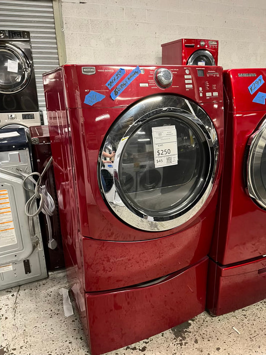 Maytag Dryer electric 220v in red front load w/pedestal extra storage stainless steel drum large capacity 27" refurbished #ED342AB