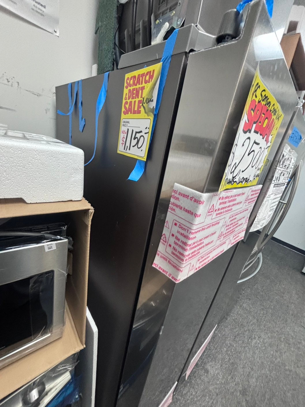 >🥳📣special combo 3pc. Open box 📦 New S/d samsung 36” side by side Door fridge, gas stove 30” in & Microwave oven the range stainless steel all same brand        #RFM3SDL