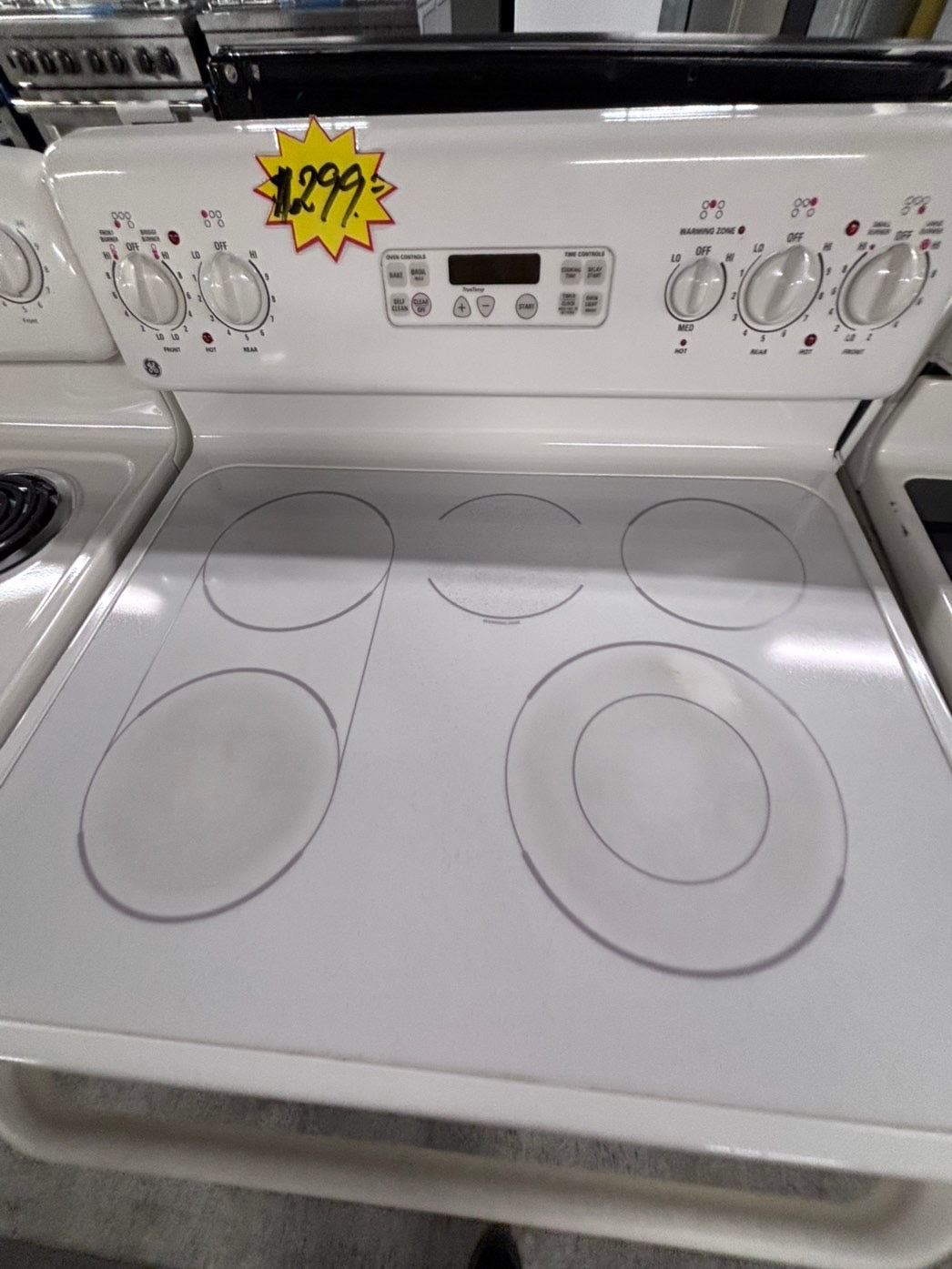 >GE Glass Top electric stove off white bake broil 4 burner warn zone Refurbished#ELR5TB