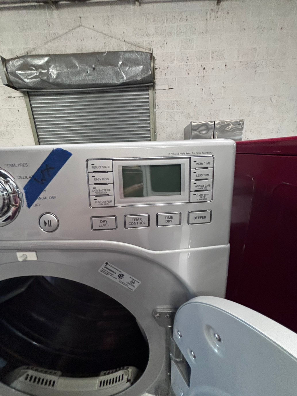 >*LG gray  Dryer electric 220v in front load w/pedestal extra storage stainless steel drum large capacity 27" used-refurbished #EGE44XB