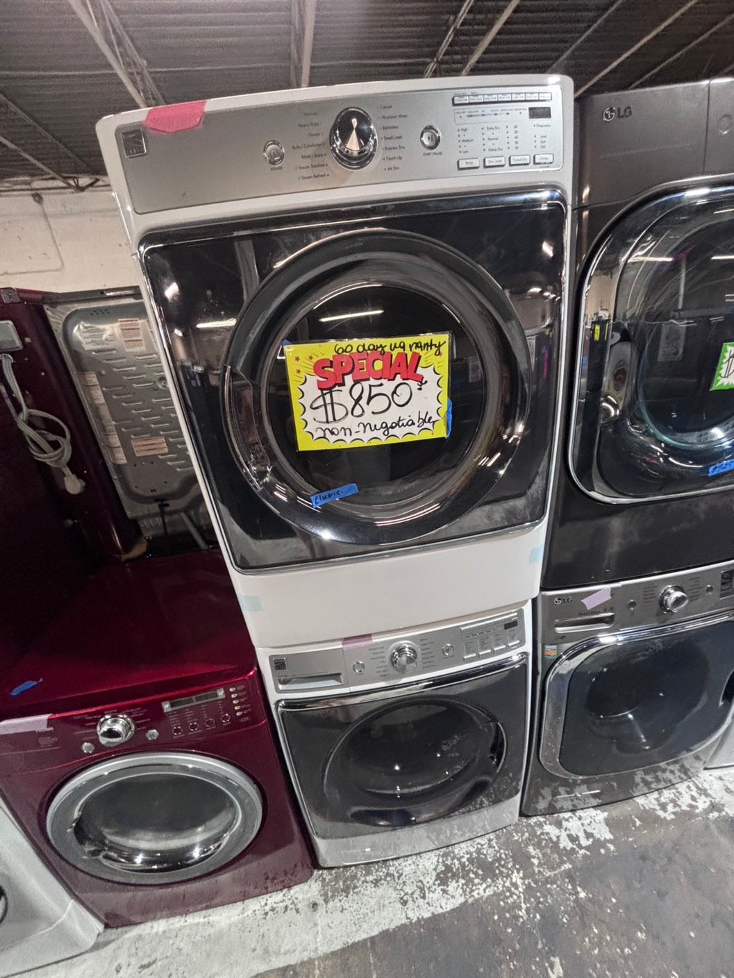 >*special🔥used great condition 29”refurbished kenmore washer & dryer set white color ,electric front load jumbo size stackable or side by side stainless steel drum 29" #WKM5S9B