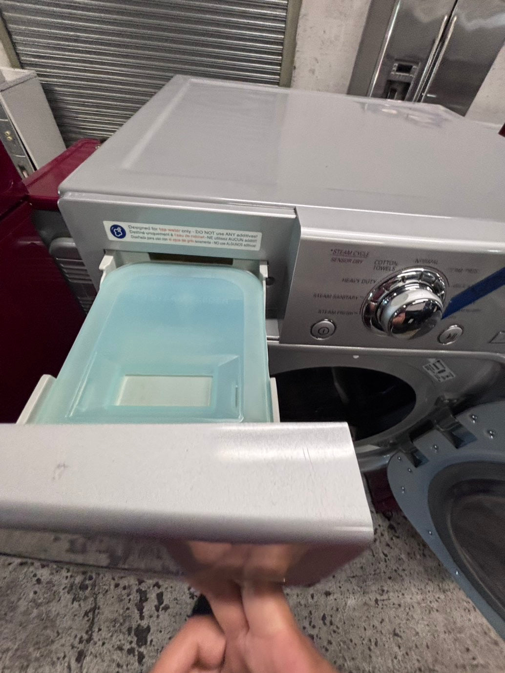 >*LG gray  Dryer electric 220v in front load w/pedestal extra storage stainless steel drum large capacity 27" used-refurbished #EGE44XB