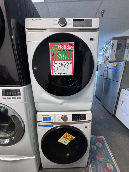 >Open Box 📦 Scratch & Dent mix match Samsung 5.0cu. ft. High-Efficiency Front Load Washer  with Self-Clean+ & Samsung 7.5 cu. ft. Vented Smart Stackable Electric 220v Dryer In White w/ Steam 27" in #WM315TBSET