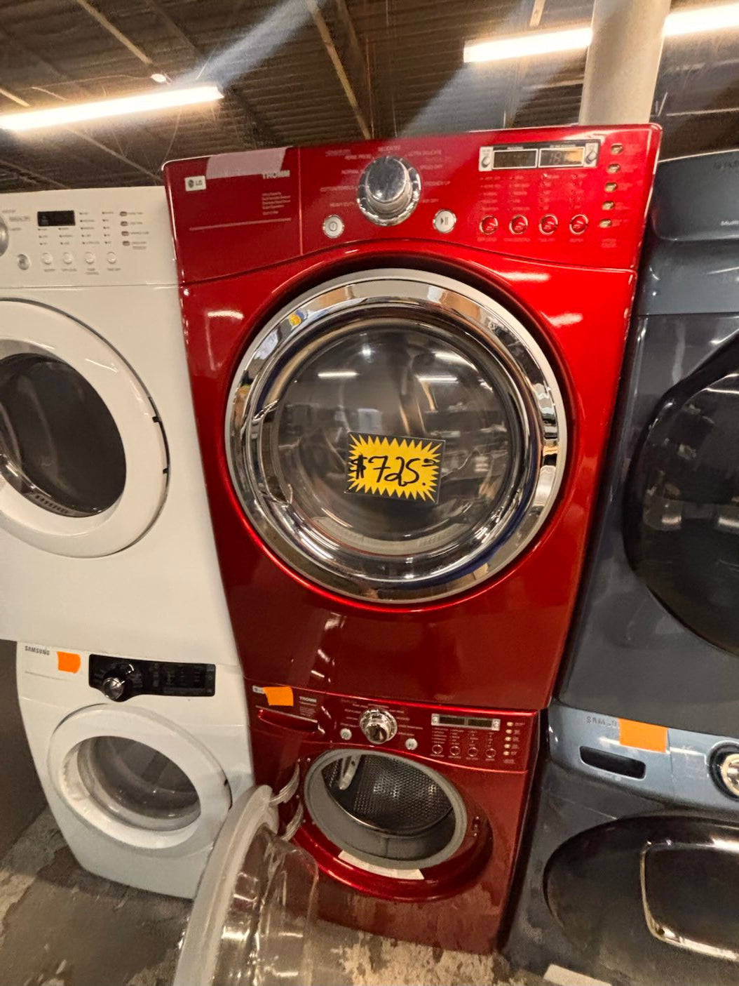 } } LG washer & dryer set large capacity,electric 220v front load stackable or side by side - sensor dry , working 💯 with warranty ! in red color used,refurbished #LGRR74SET