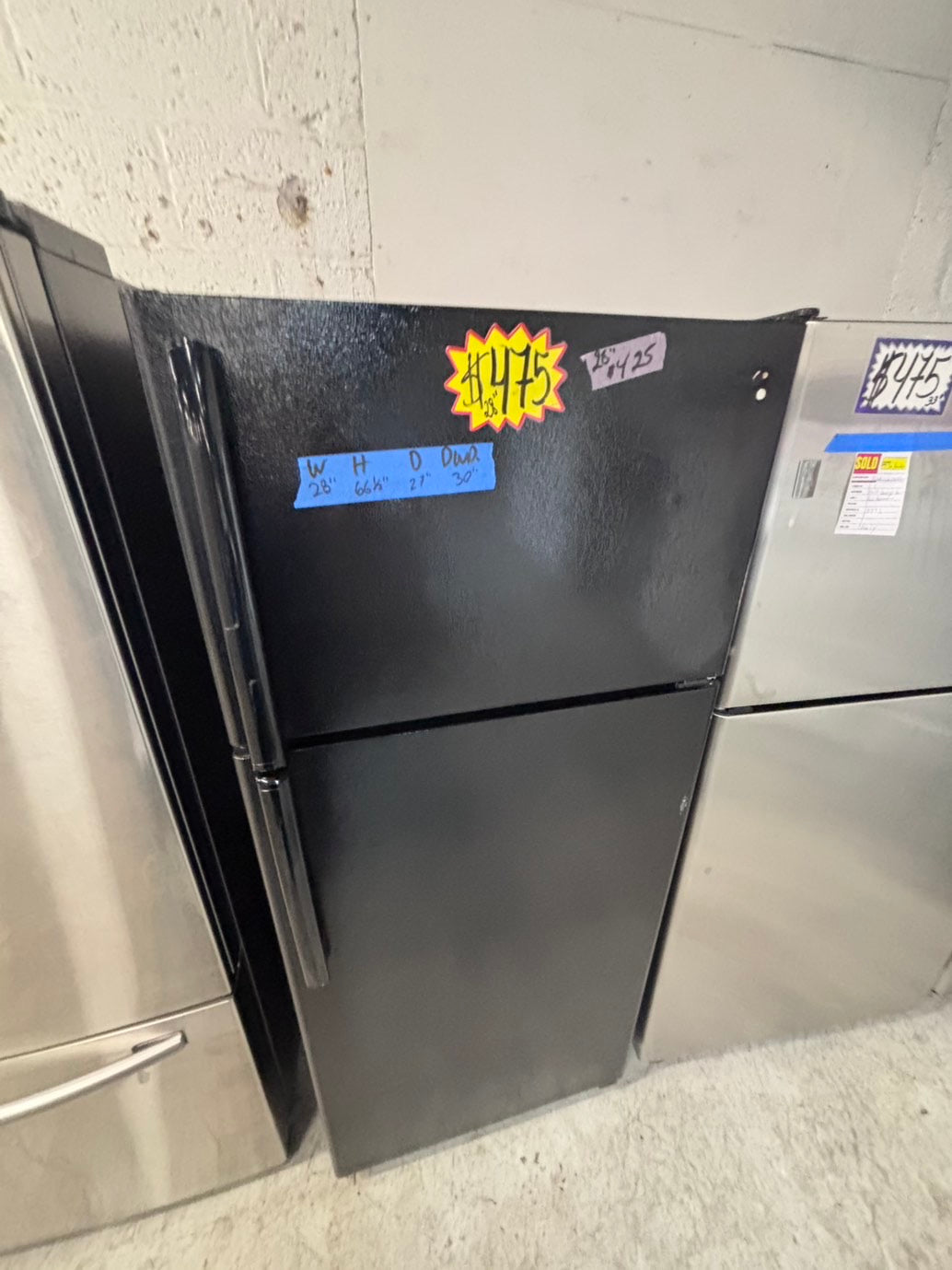 >*28” GE top freezer fridge black used-refurbished #FFSA3RB