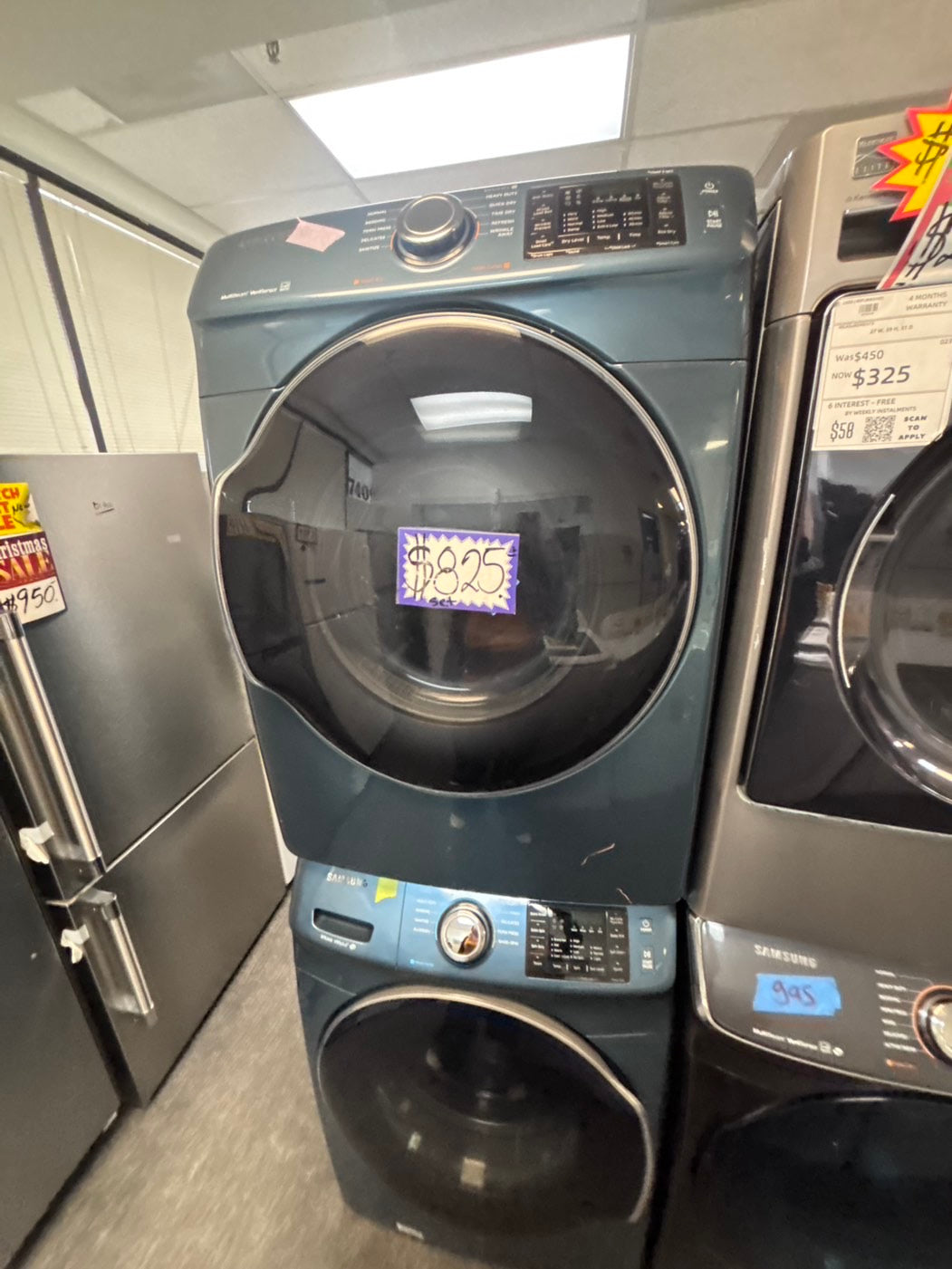 >special price 🔥Samsung washer 4.5 cu ft & dryer 7.5 cu ft set electric 220v front load stackable or side by side - sensor dry He in sky blue color  #WDS411L