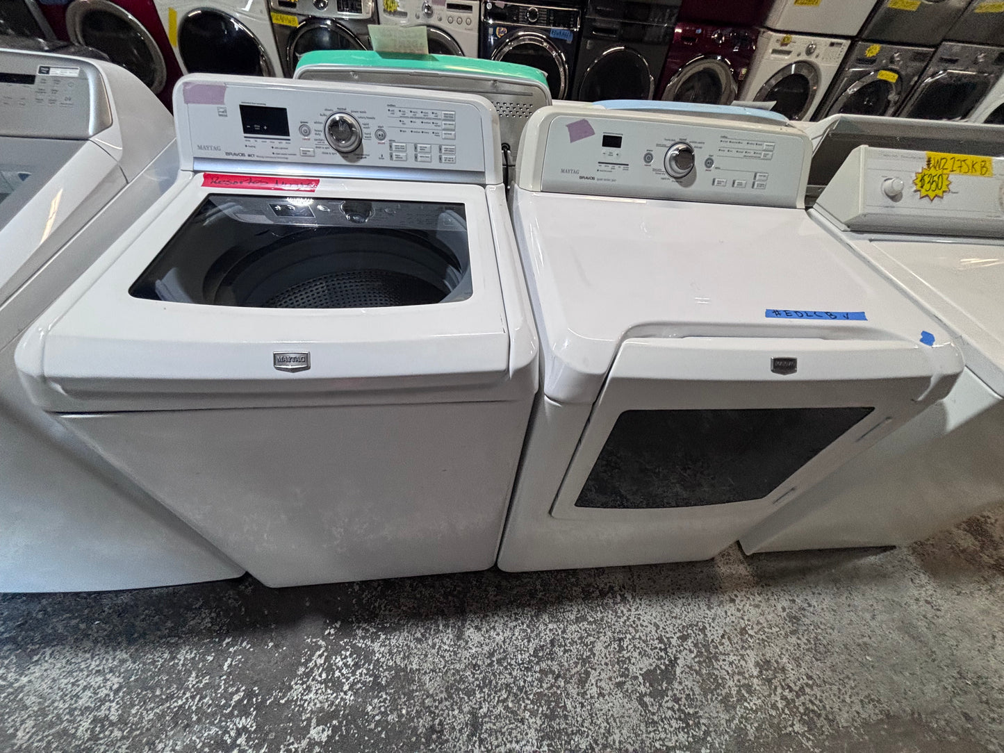 >*maytag bravos white  top top load washer large capacity & dryer set electric 220v side x side top load white color used-refurbished #WQX33SET
