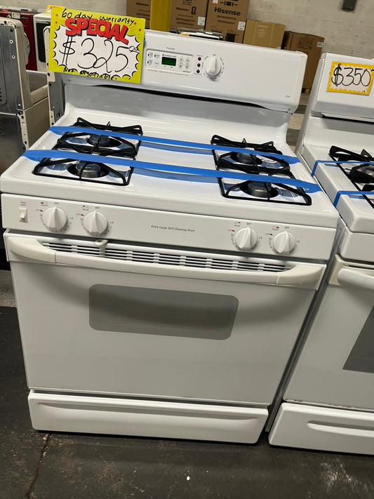Ge Gas range 4 burner bake Temp Recall broil hi/lo in white Refurbished 30" #GRGE23LB