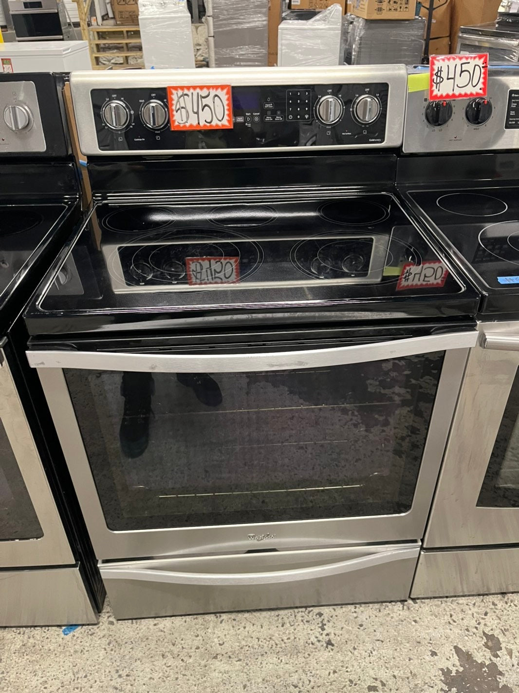 -Whirlpool glass top electric range 220v 5 burner warm zone convection oven Refurbished stainless steel bake Broil  self clean 30" #ERWL22B