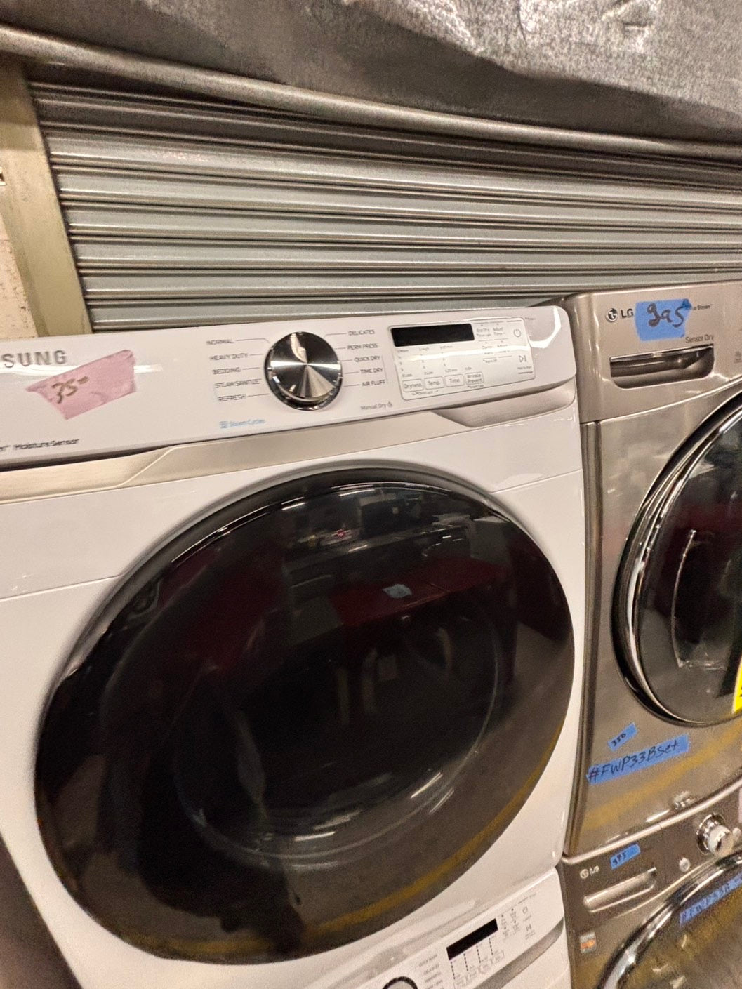 >Samsung Sensor dry steam electric 220v dryer front load stainless steel drum 7.5cu.ft. large capacity  27" white #WDS46BL