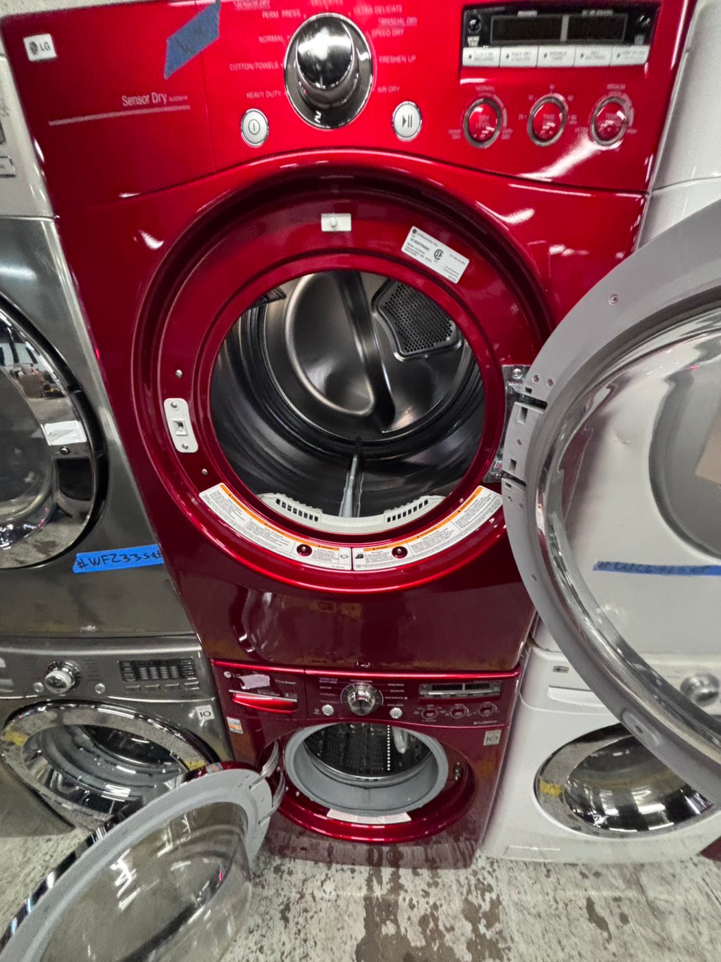 >LG washer 4.0cu ft & dryer 7.5 steam set electric 220v front load stackable or side by side - sensor dry in red  #WEG74BR
