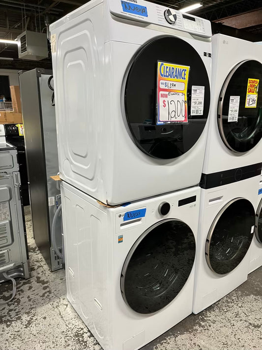 Open Box 📦 Scratch & Dent mix match LG 4.5 cu. ft. Capacity Smart Front Load ENERGY STAR Washer with TurboWash® 360° Al & Samsung 7.5 cu. ft. Vented Smart Stackable Electric 220v Dryer In White w/ Steam 27" in #WD634NB