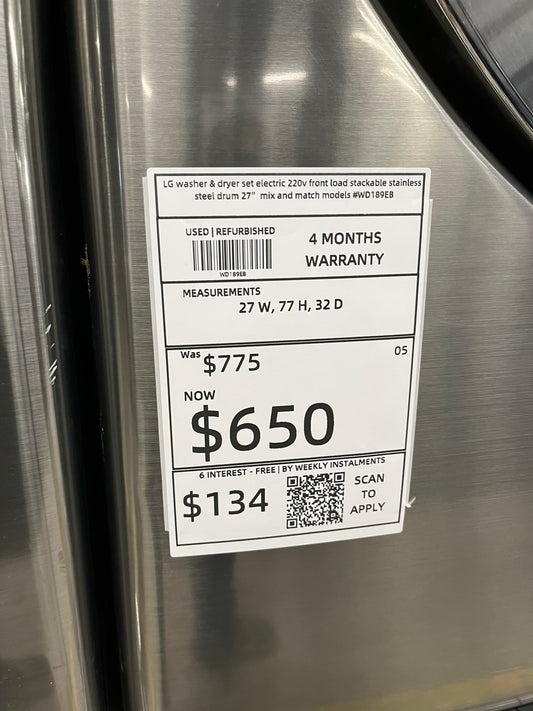 LG washer & dryer set electric 220v front load stackable stainless steel drum 27" mix and match models #WD189EB Refurbished